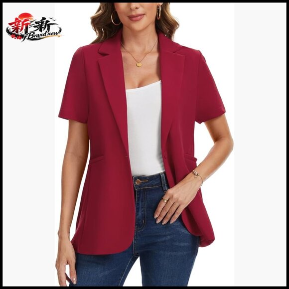 Short Sleeve Blazer Notched Lapel Button Front Jacket with Pockets